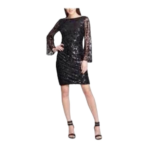DKNY 🥂Black Sequin Bell Sleeve Cocktail dress Tags missing/see measurements - Picture 8 of 8
